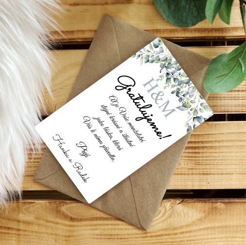 Dřevěné svatební přání v obálce