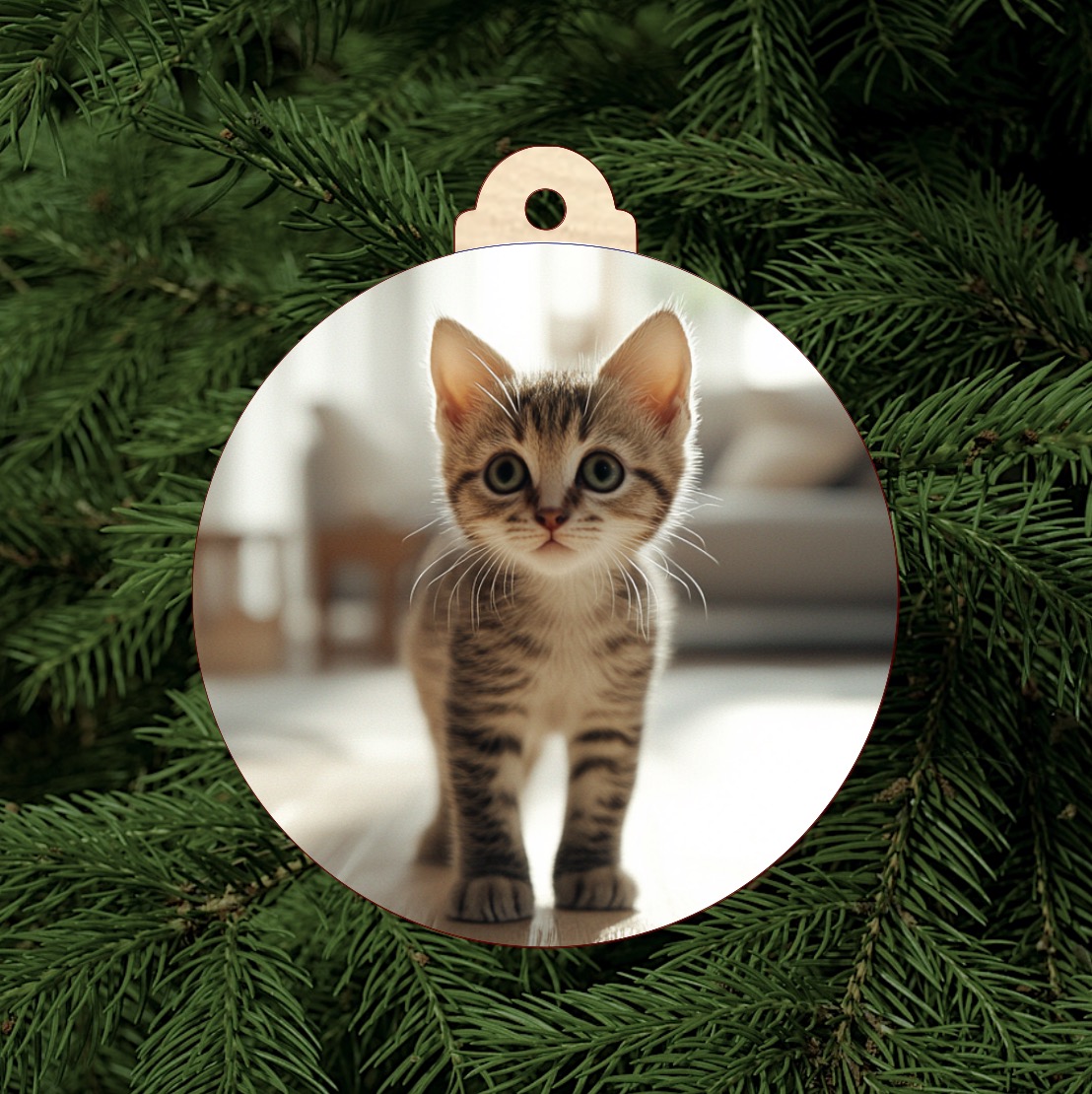 Dřevěná vánoční ozdoba s fotkou kočky