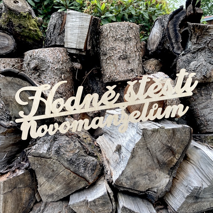 Dřevěný nápis - Hodně štěstí novomanželům