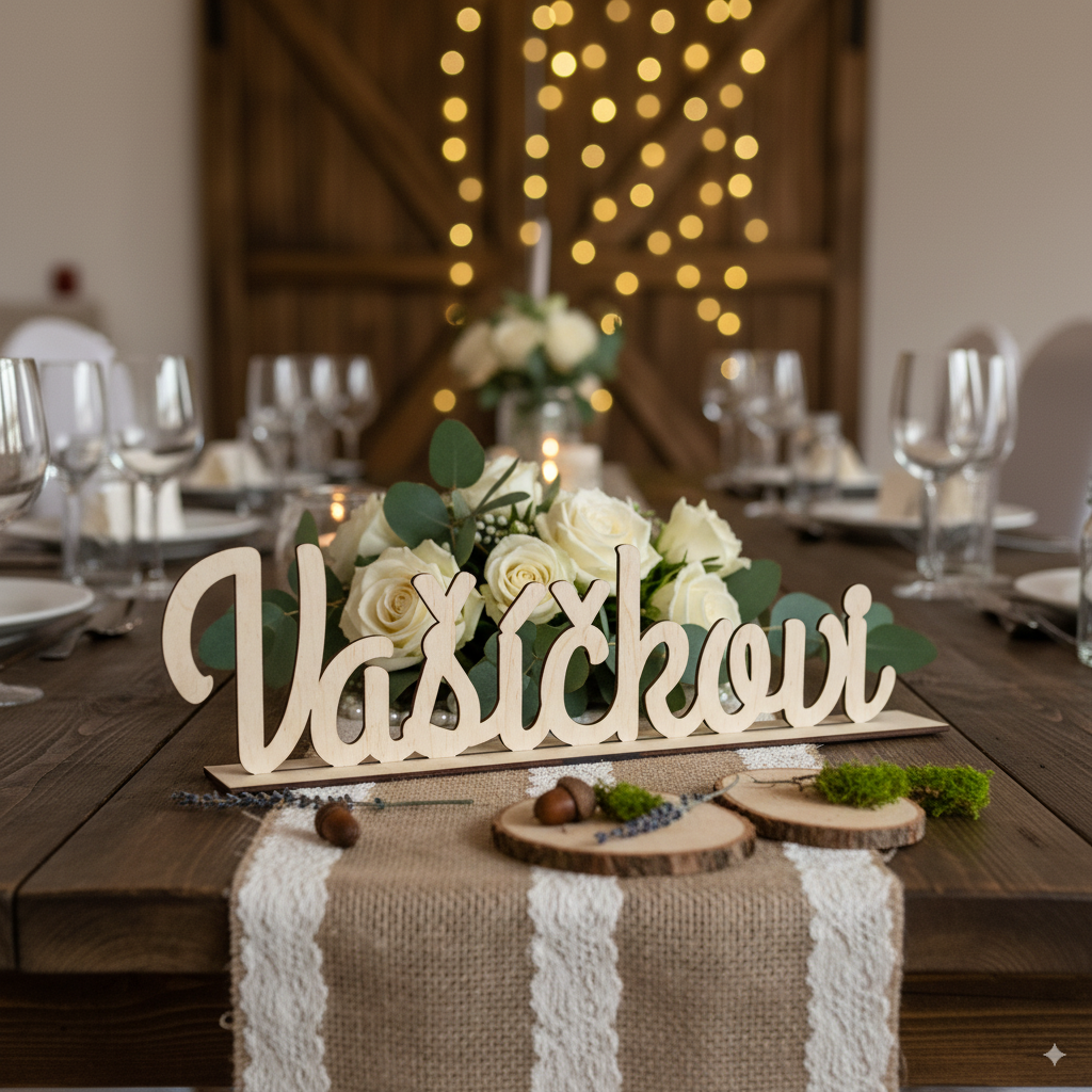 Dřevěné příjmení na stojanu