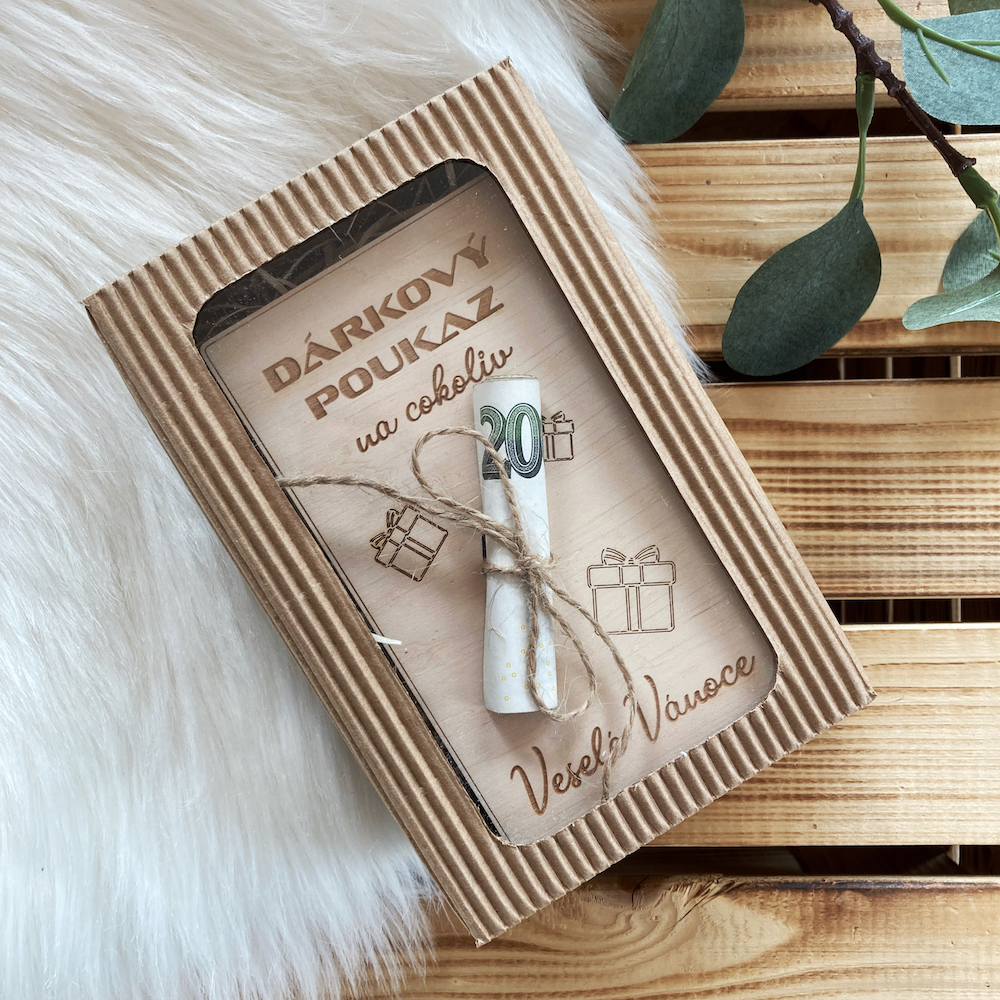 Dřevěné vánoční přání na peníze