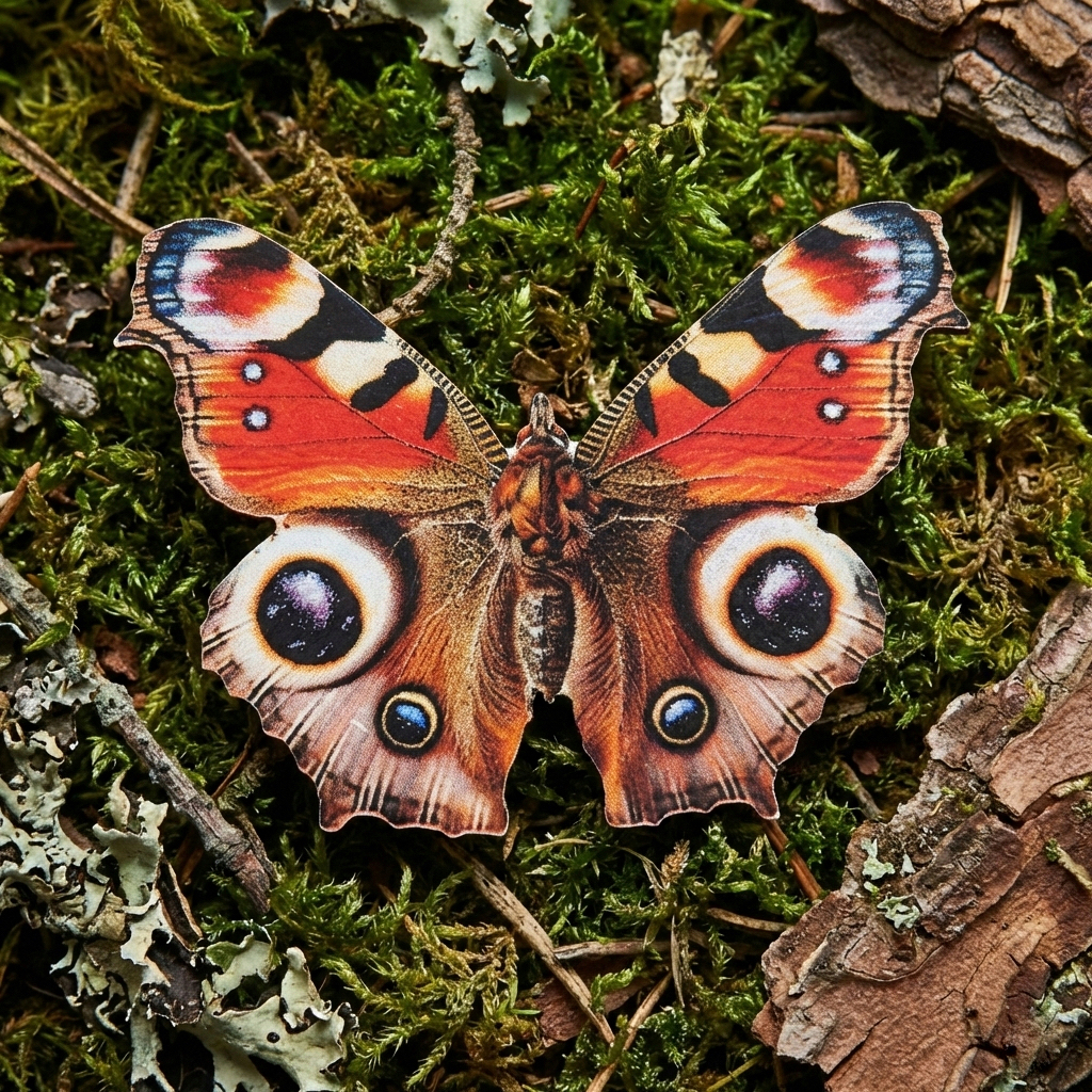 Dřevěná brož - Babočka paví oko