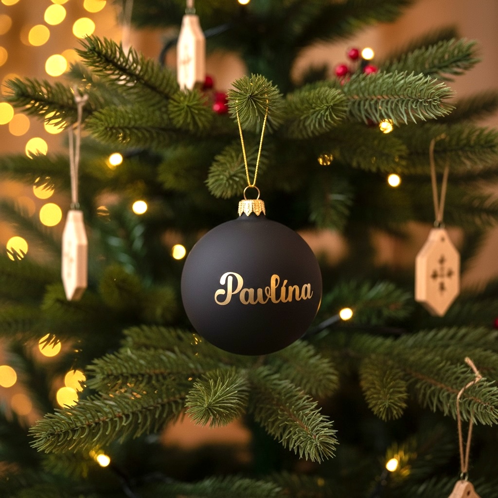 Černá vánoční baňka se jménem