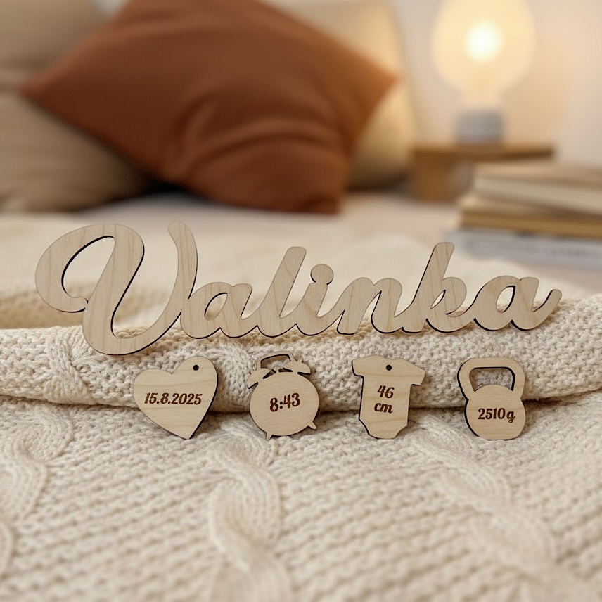 Dřevěné jméno s porodními údaji