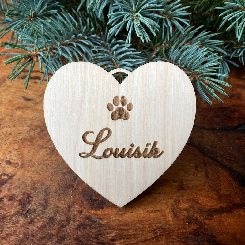 Dřevěná vánoční ozdoba - Srdce, jméno, tlapka