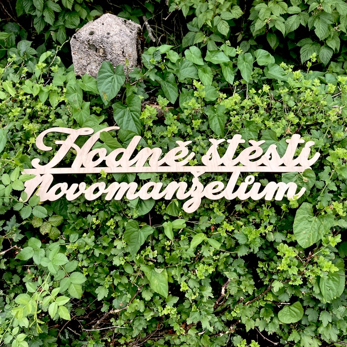 Dřevěný nápis - Hodně štěstí novomanželům