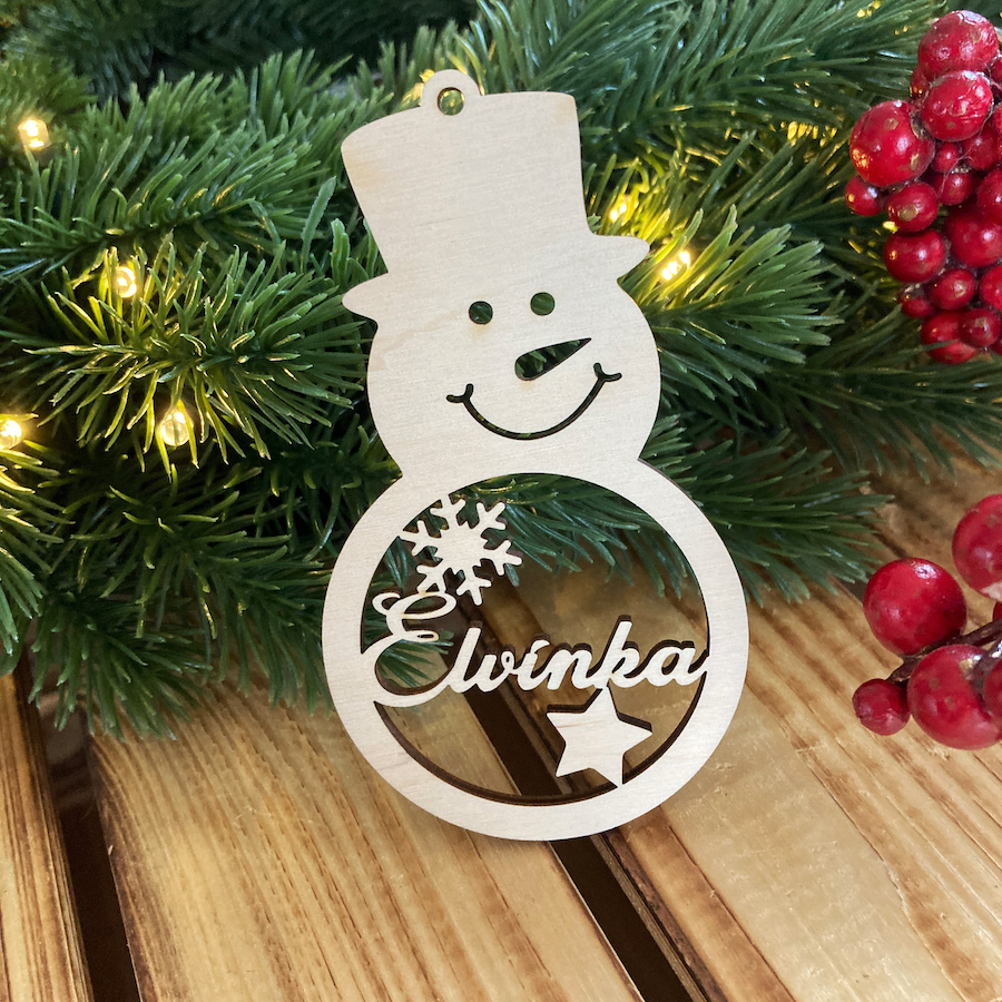Vánoční ozdoba - sněhulák se jménem
