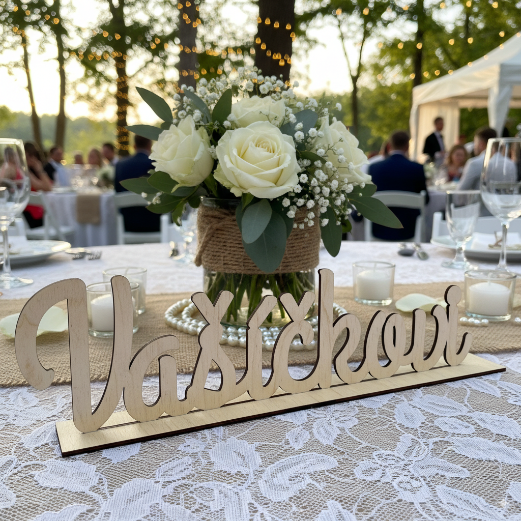 Dřevěné příjmení na stojanu