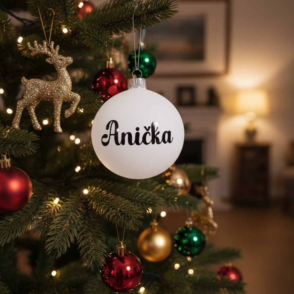 Bílá vánoční baňka se jménem
