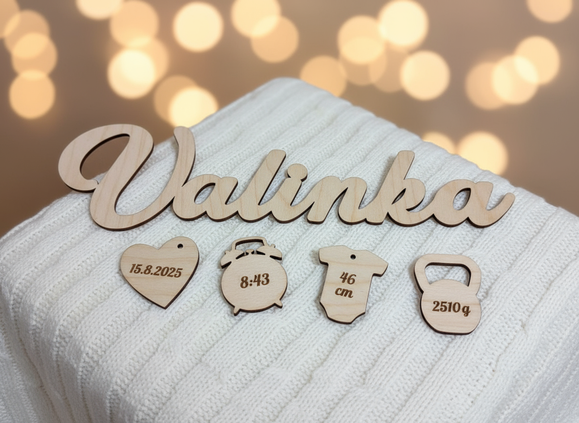 Dřevěné jméno s porodními údaji