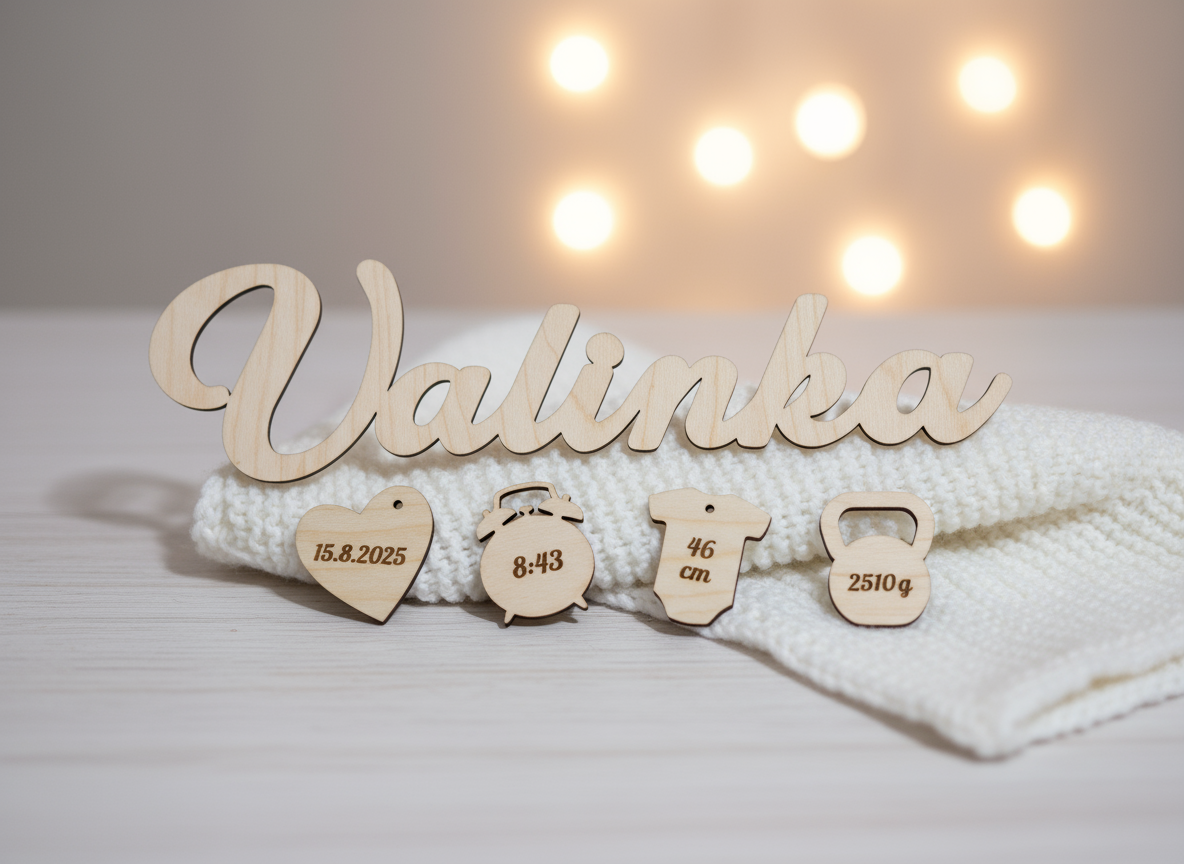 Dřevěné jméno s porodními údaji